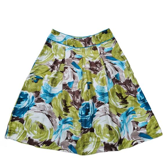 Floral Silk A-Line Skirt Talbots Size 4 Green Blue Brown Pleated Roses Flowers - Picture 7 of 8